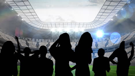 animation of silhouettes of sports fans cheering over sports stadium