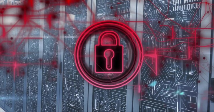 Red network lines drifting left initiating padlock pulsing, weaving encryption mesh on servers