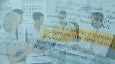 animated dictionary text over diverse business team meeting in office