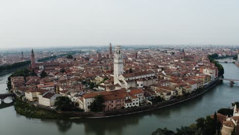 aerial view of verona, italy and its architecture on an overcast day