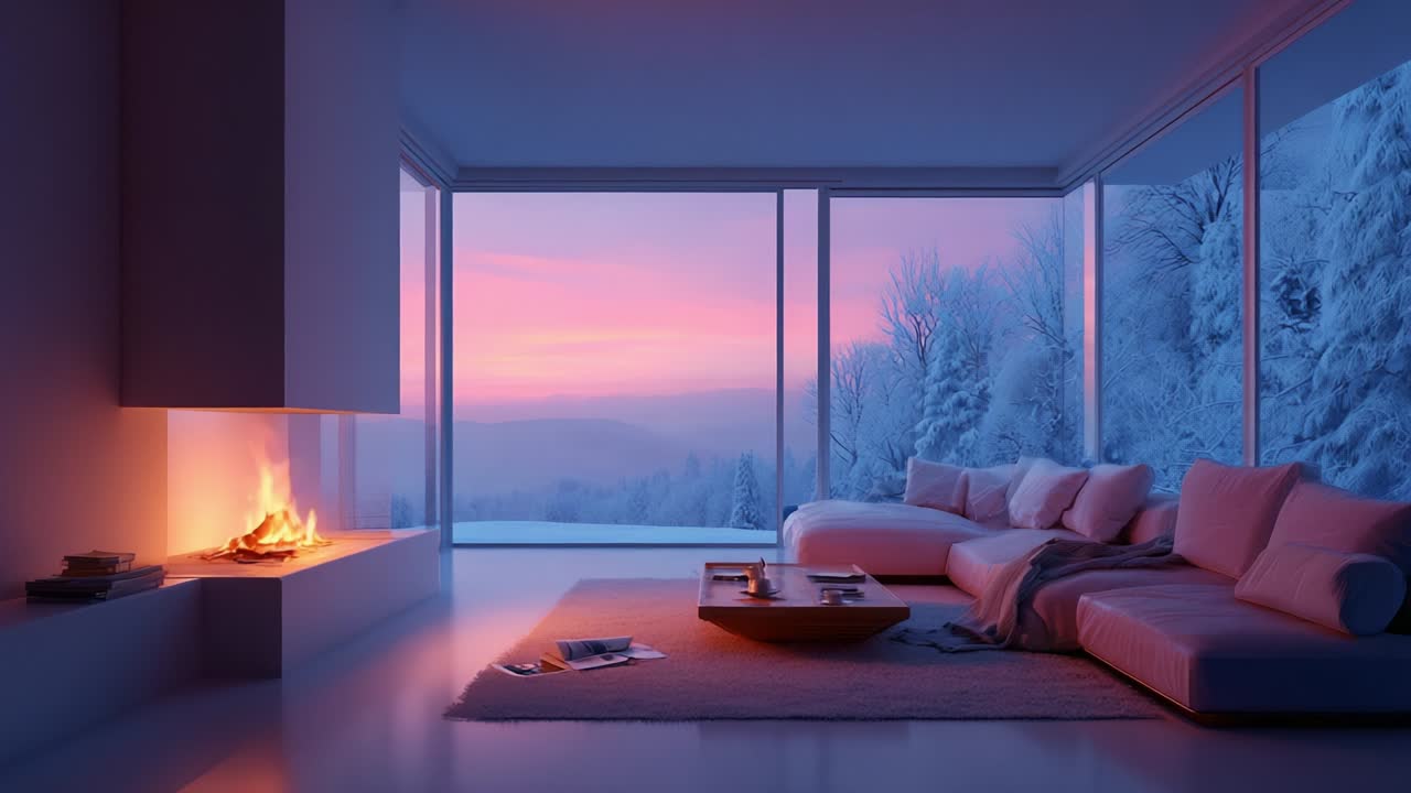 A Cozy Winter Evening: A Warm and Inviting Living Room Scene Featuring a Flickering Fireplace Against a Serene Snowy Landscape Bathed in Gentle Pink and Purple Sunset Hues, Perfect for Relaxation and Comfort