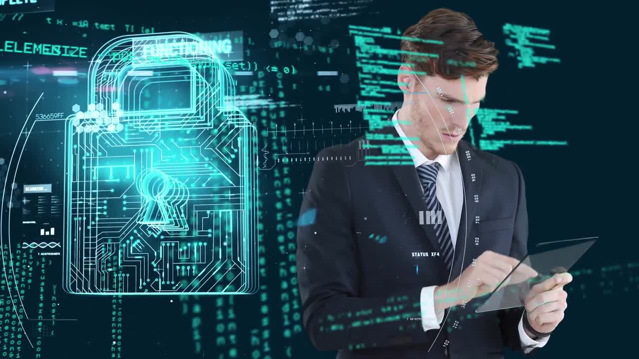 animación de un hombre caucásico tocando una pantalla transparente con candado y datos