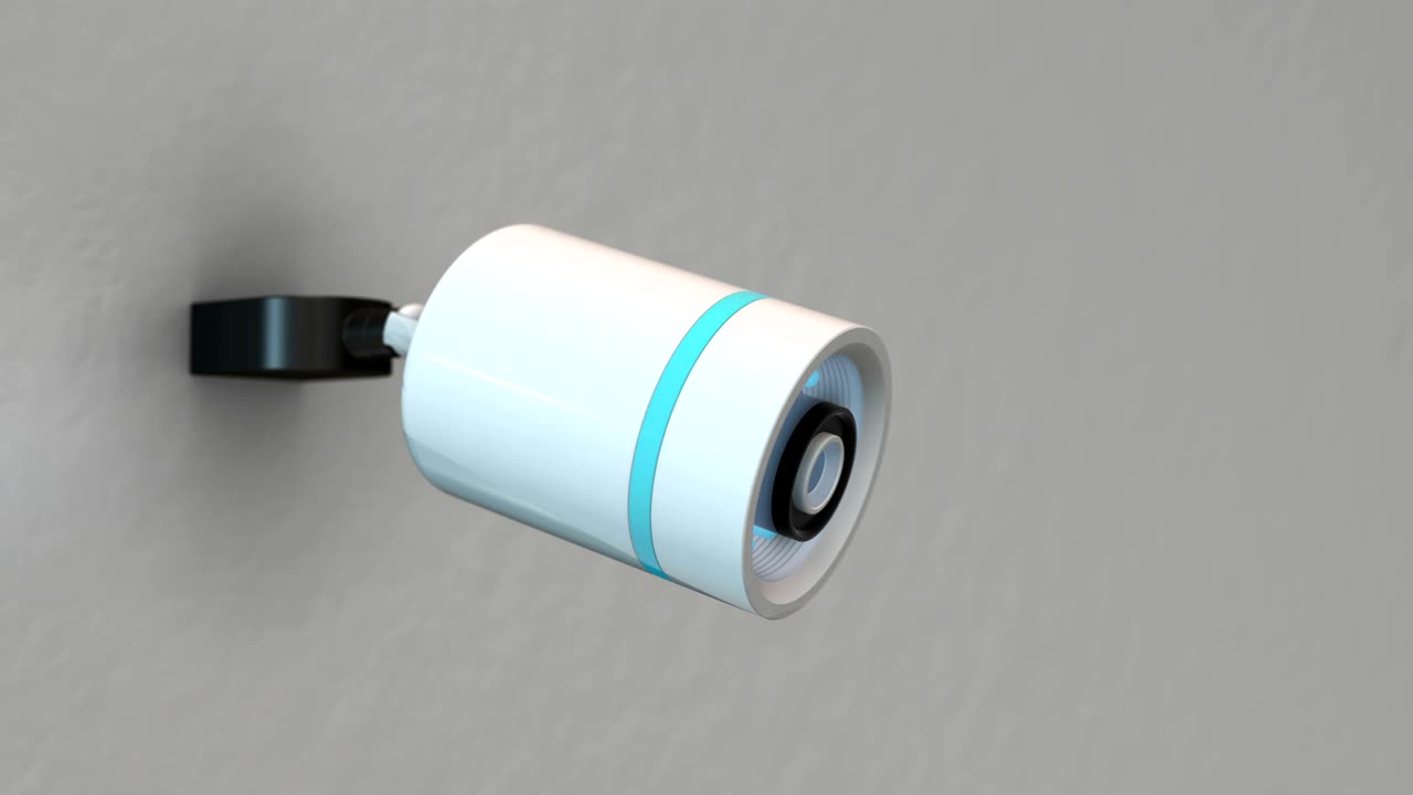 Modern security camera on gray wall. 4K UHD infinite loop 3D video animation. animation.