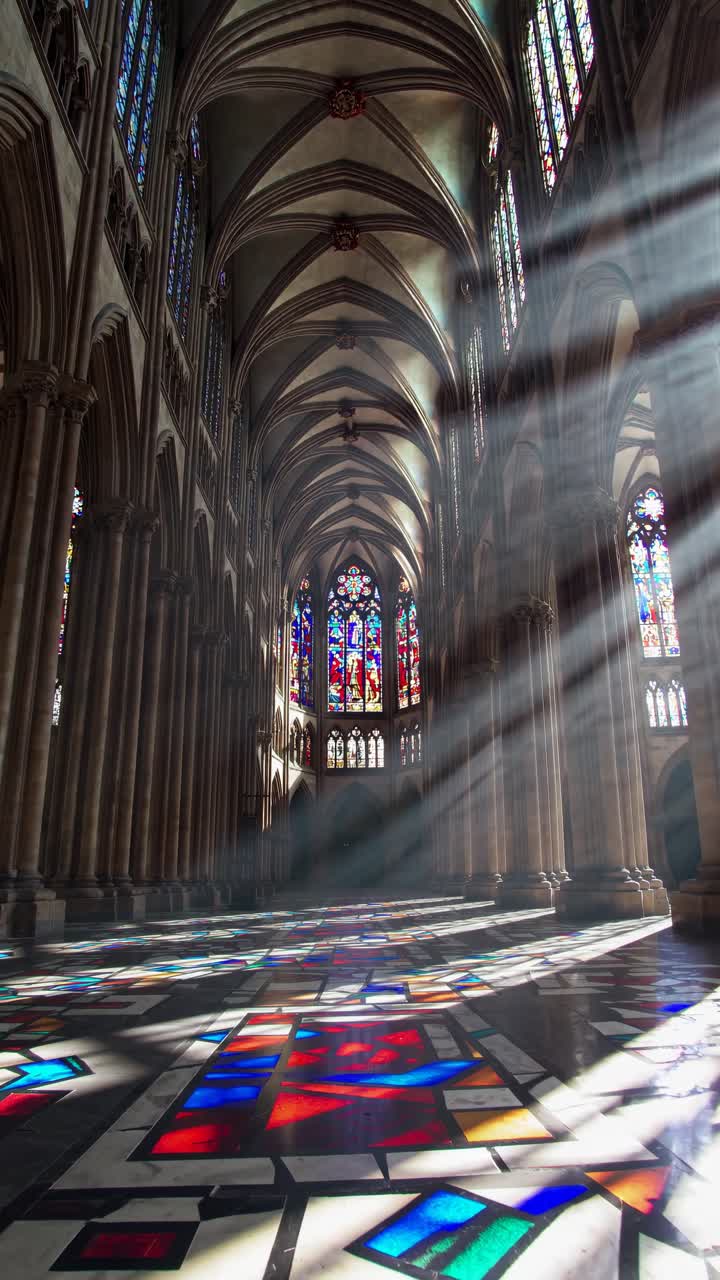 Sunlight streams through stained glass in a cathedral, casting colorful patterns