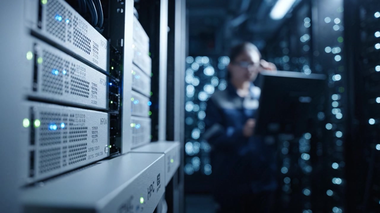 High-Tech Data Center with Server Racks and a Technician Performing Maintenance in a Dimly Lit Environment Filled with Glowing LED Indicators and Cables