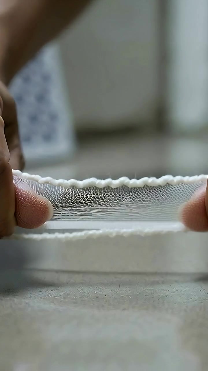 Vertical video: Pinching hands stretching white mesh strip at countertop, revealing scalloped edge