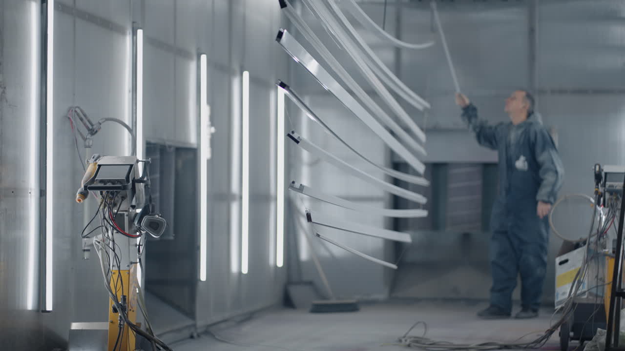 un molar de trabajo saca piezas del horno de horneado. planta para la producción de productos metálicos de acero. taller de pintura