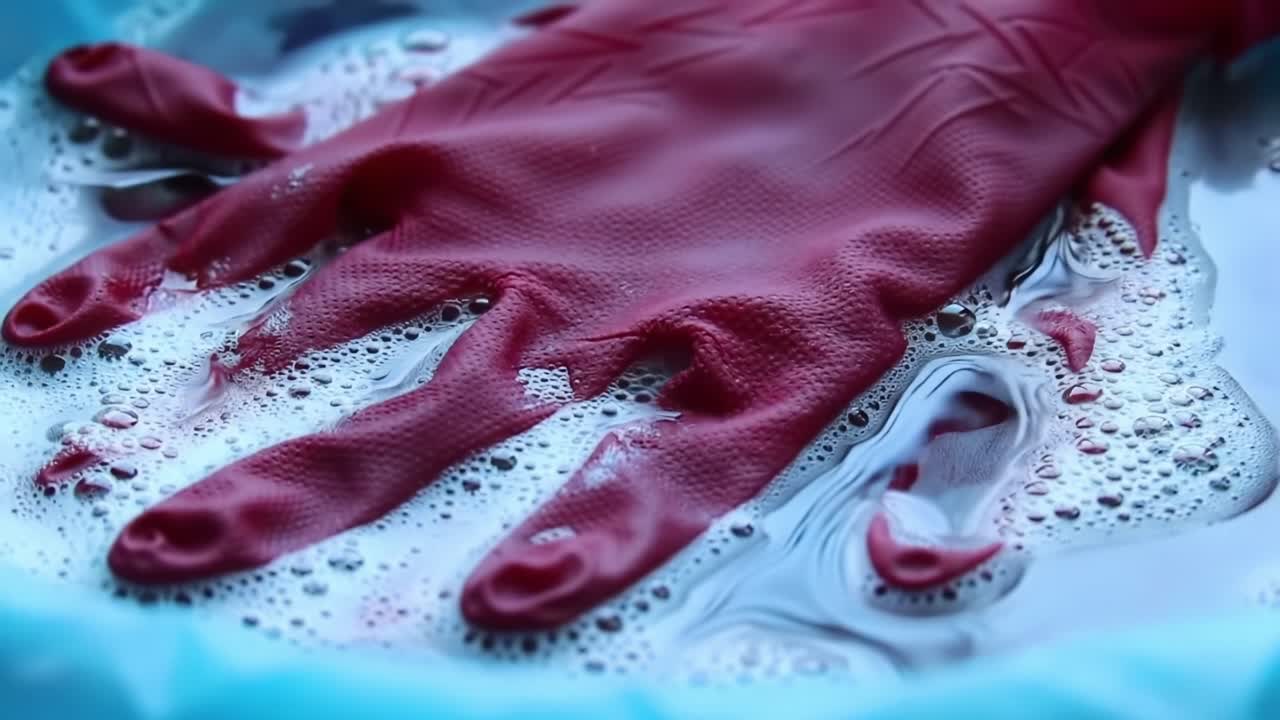 A Close-Up of a Red Rubber Glove Submerged in Soapy Water, Showcasing Foam Bubbles and Textured Grip, Ideal for Cleaning Tasks and Household Activities