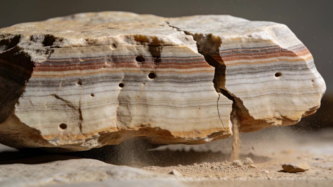 Cracking banded rock shedding fine sand through right fissure on tabletop, forming small pile