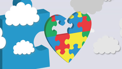 animation of heart formed with autism awareness puzzles with one puzzle missing on white