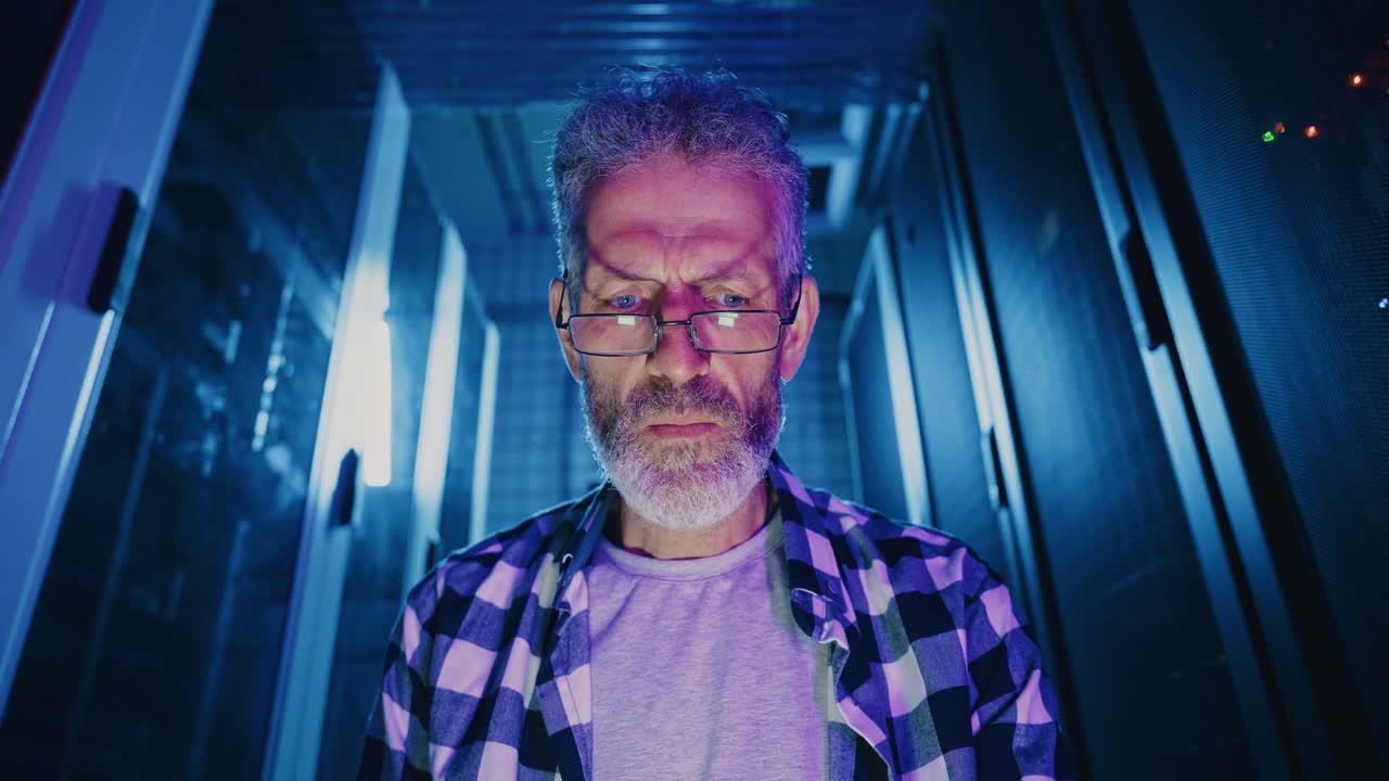 Focused IT professional in a server room