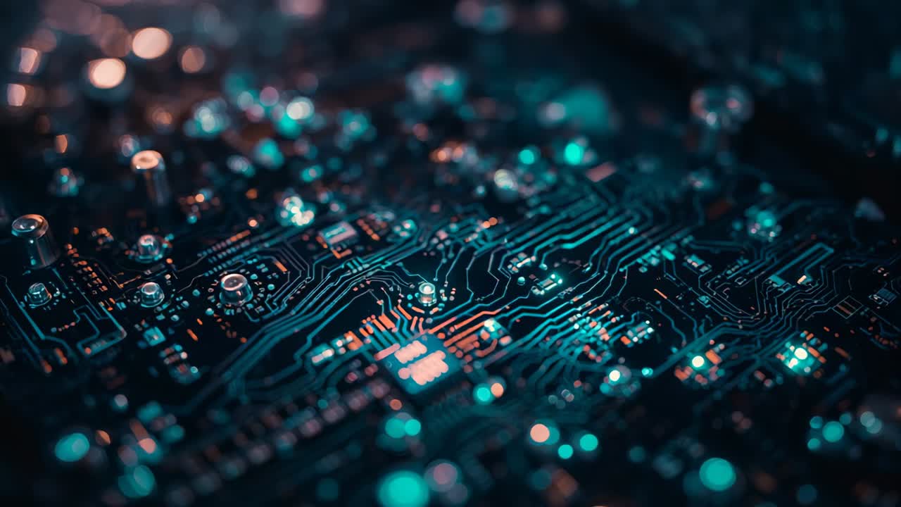 Fluctuating lights shifting focus on circuit board in testing station, revealing microcontroller