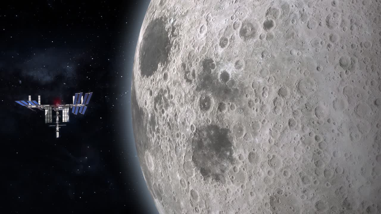 Satellite floating in Orbit above the Moon, lunar satellite spacecraft orbiting mapping the crater surface
