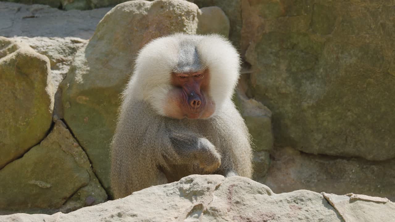 A Hamadryas baboon sits among sunlit rocks, vocalizing and moving its head. The camera remains steady, capturing natural behavior in a desert-like environment