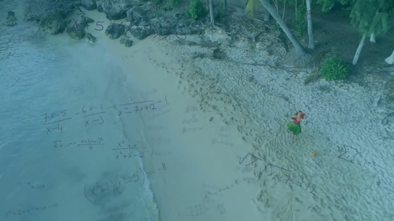 female dancer performing hula with maracas on beach, with floating math equations for education