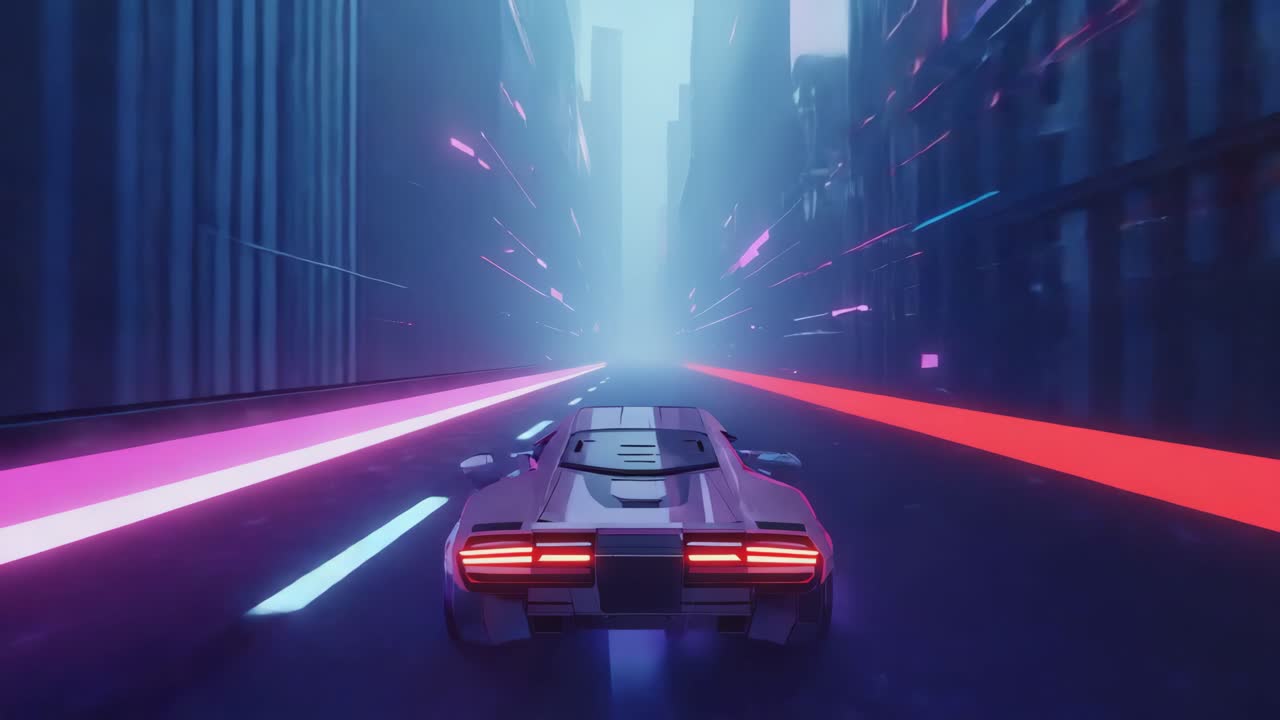 Auto Cyberpunk che Guida Attraverso una Città Illuminata al Neon di Notte