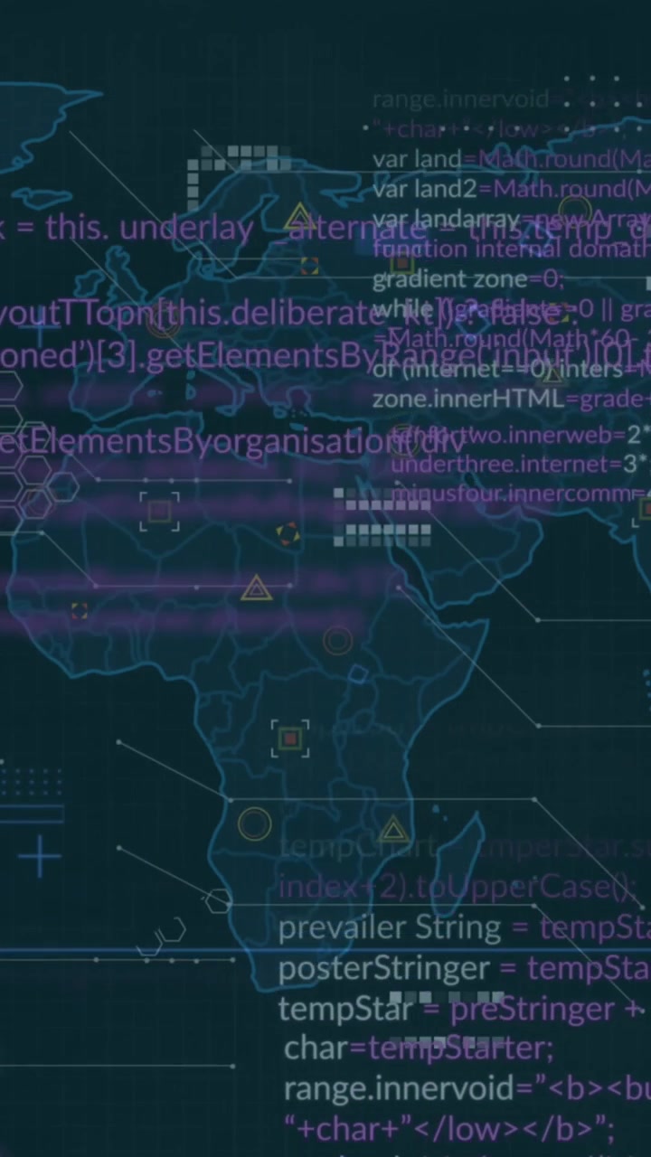 Animation of data processing over world map against black background