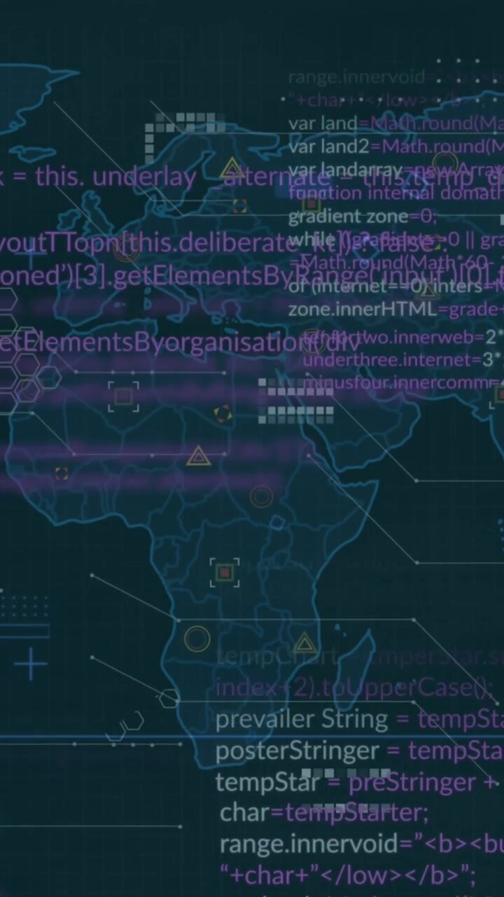 Animation of data processing over world map against black background