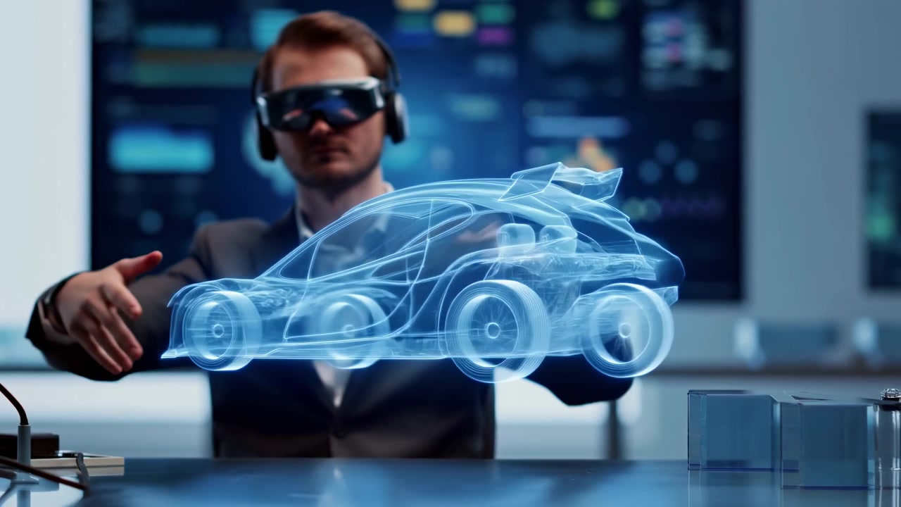 Diseñador con auriculares manipula un modelo de coche holográfico en un estudio de alta tecnología, gestos dan forma a una D translúcida