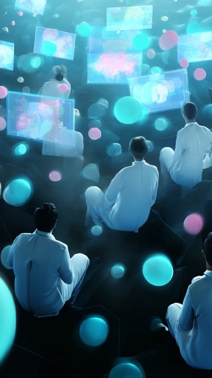 A group of scientists or researchers dressed in white uniforms is deeply engaged with digital displays showcasing vibrant visualizations and floating abstract spheres in a futuristic environment