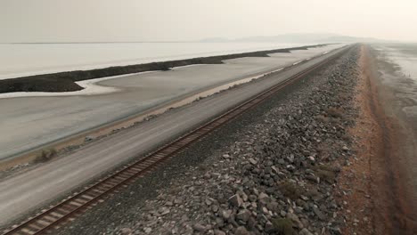 lateral panning of awesome railway crossing the great salt lake in utah