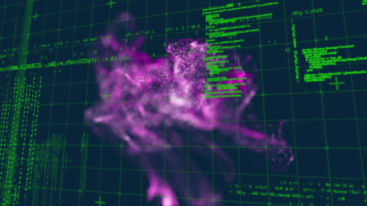 Animation of computer language on grid pattern over smoke pattern against black background