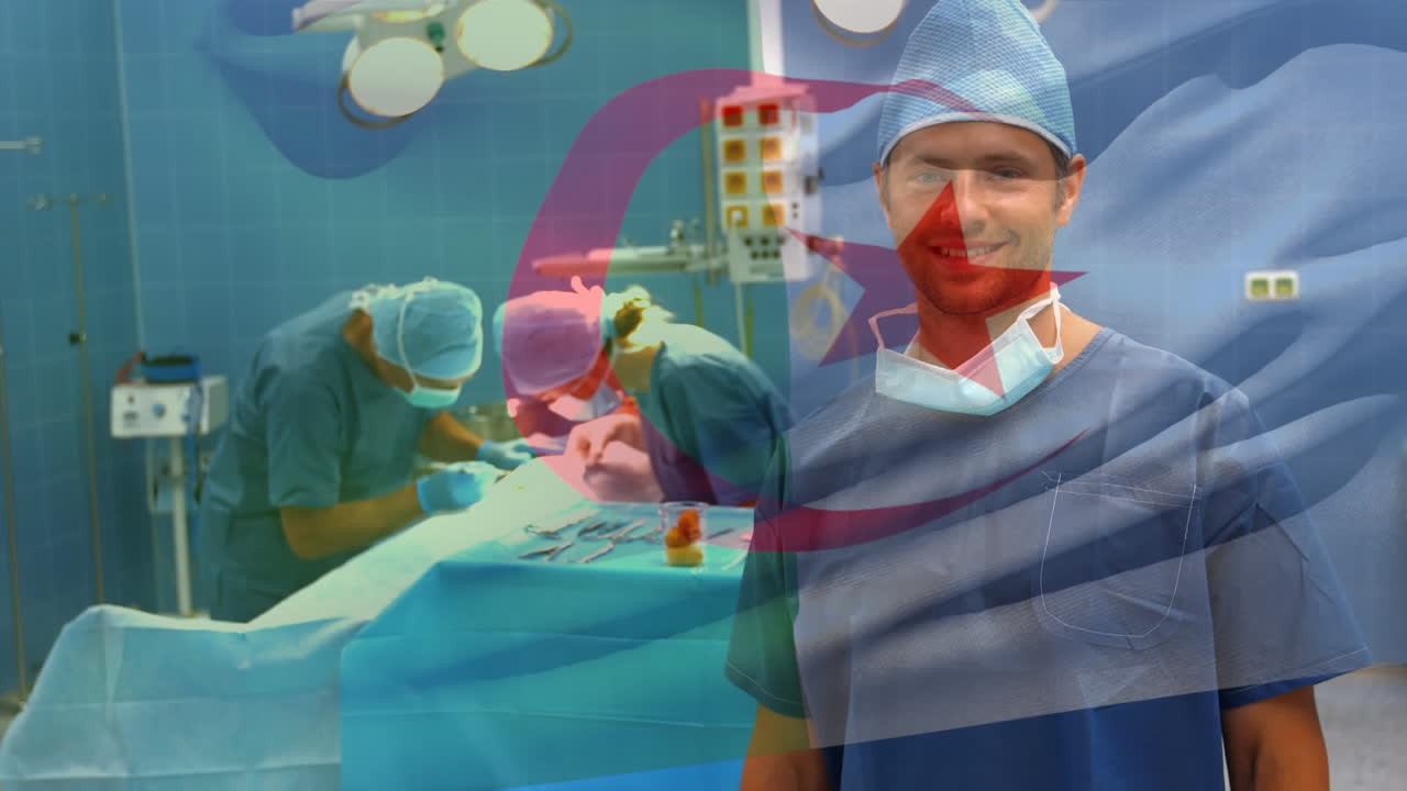 수술실에서 외과 의사 들 위 에 알제리 의  ⁇ 발 이 흔들리는 애니메이션