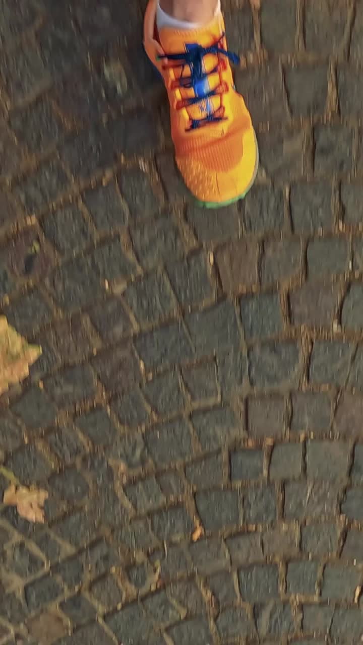 Feet walking on cobblestone with autumn leaves