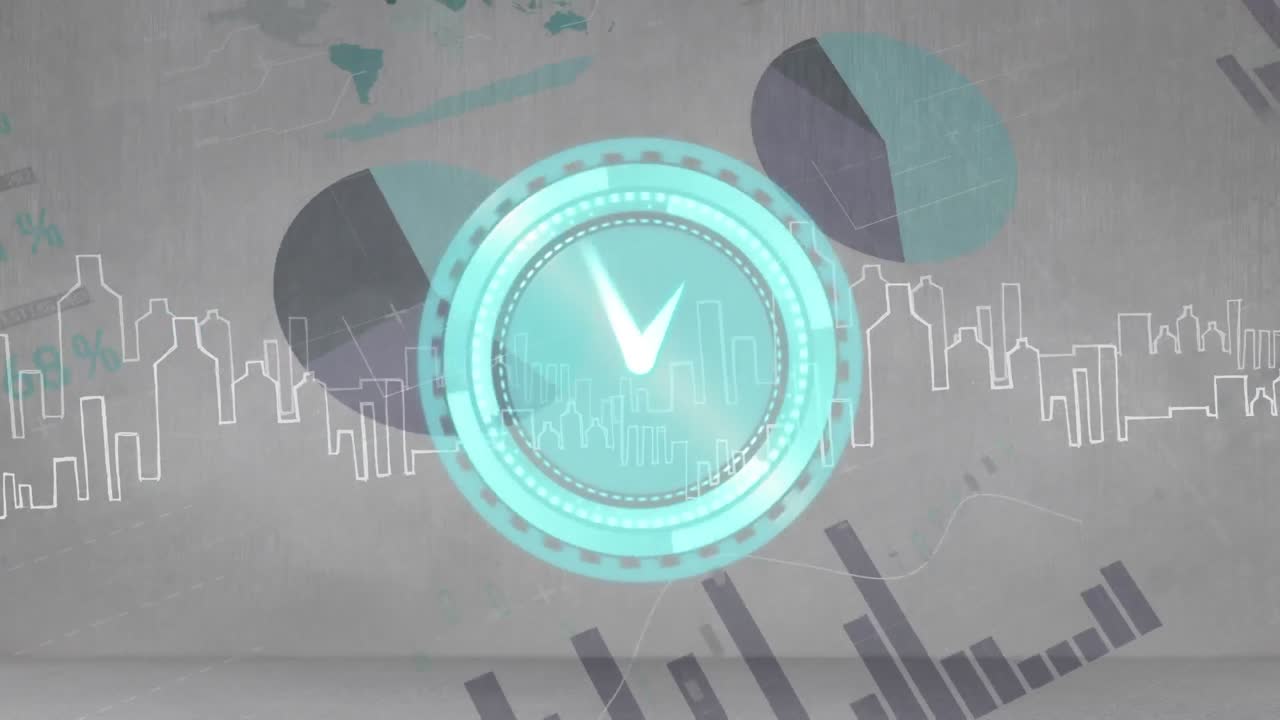 animación de reloj moviéndose rápido y estadísticas y procesamiento de datos sobre el paisaje urbano