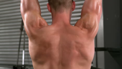 rear view of a fit man lifting dumbbells