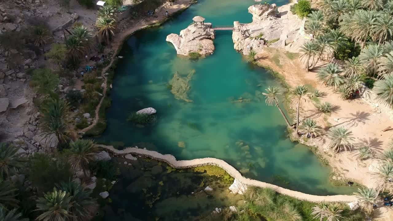 Ripresa aerea con drone della splendida oasi di Wadi Bani Khalid con acqua turchese e palme nel Sultanato dell'Oman