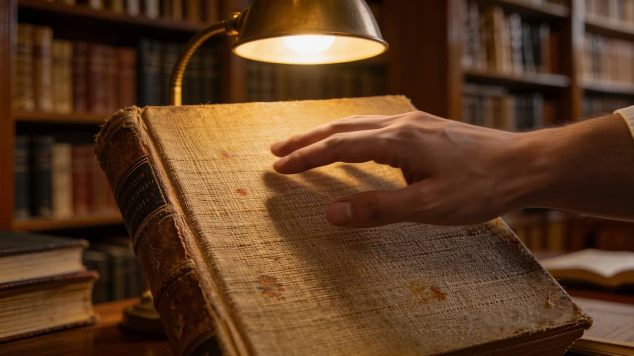Mano destra che si avvicina che preme un libro antico su un tavolo sotto una lampada di ottone, polsino bianco che prepara lo studio
