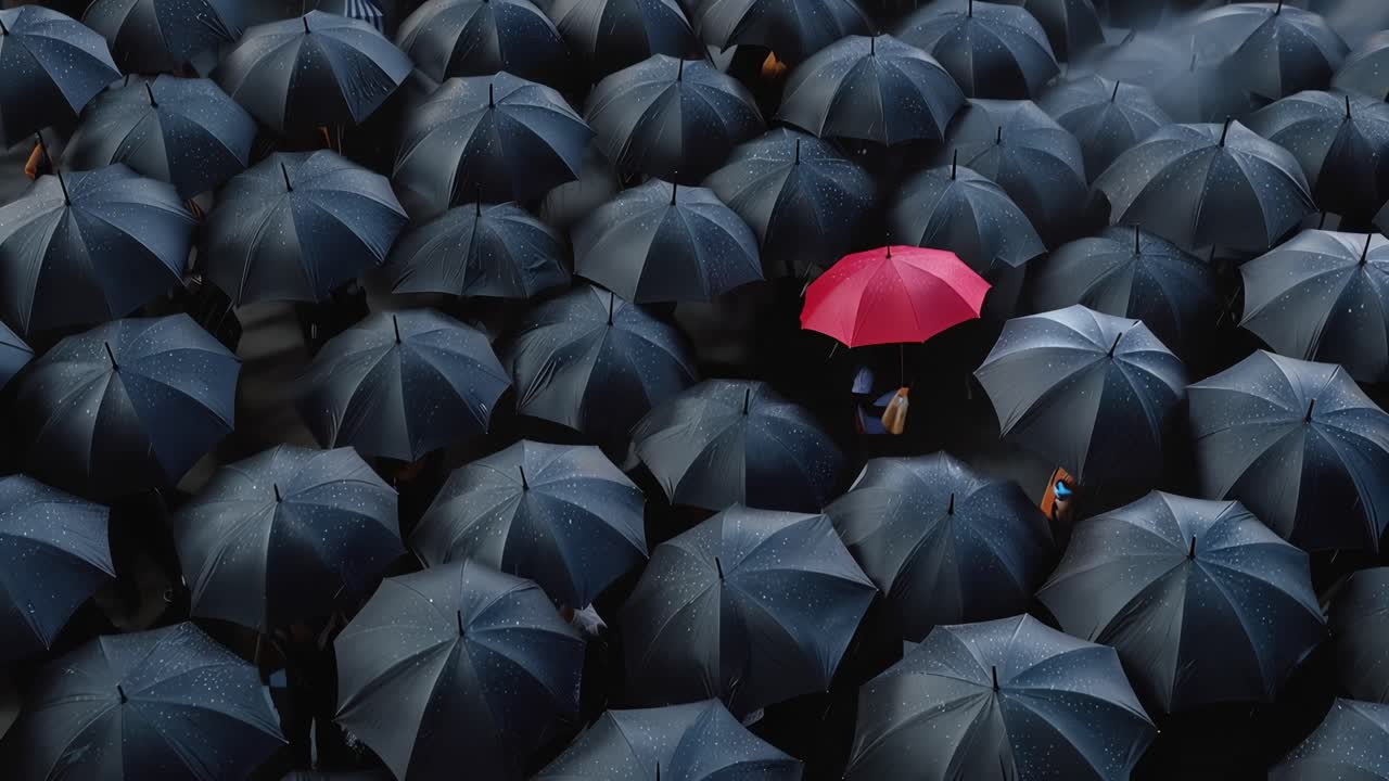Un ombrello rosso spicca in mezzo a un mare di ombrelli neri. La folla tiene gli ombrelli, camminando sotto la pioggia. Una figura solitaria rompe la monotonia con un colore audace. Simbolo di individualità, unicità o del distinguersi
