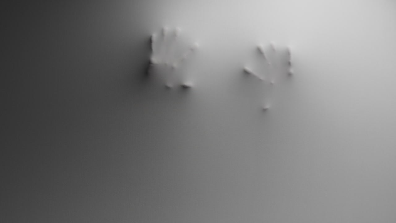 A scary silhouette of a woman appears from the white wall