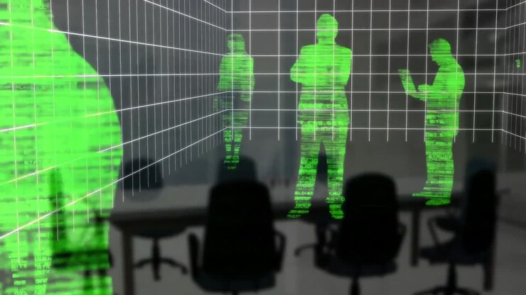 Animation of data processing and green glowing business people in silhouette