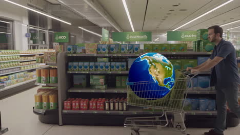 man pushing a shopping cart with the earth in a supermarket