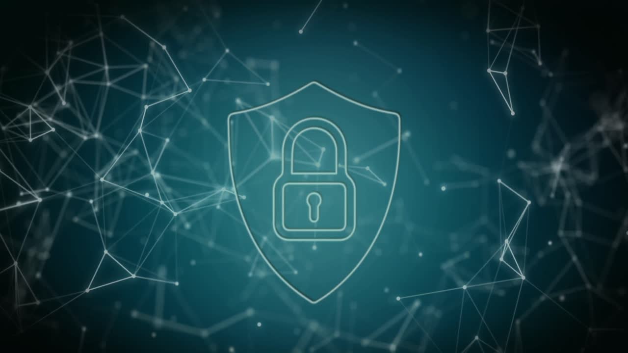 animación de un escudo digital con candado y conexiones en el espacio digital verde