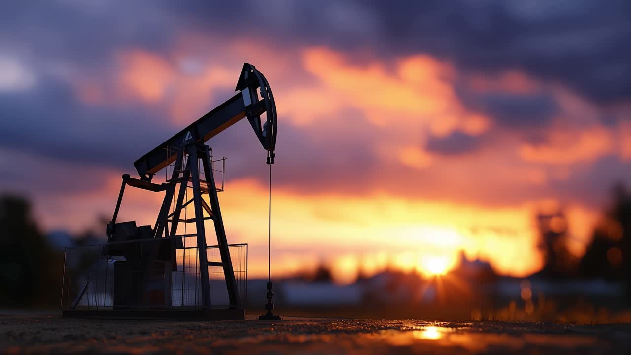 Dramatic Sunset Over Oil Pump Jack: A Striking Scene Capturing the Industrial Beauty with Vivid Colors Enhancing the Oil Extraction Process in the Background