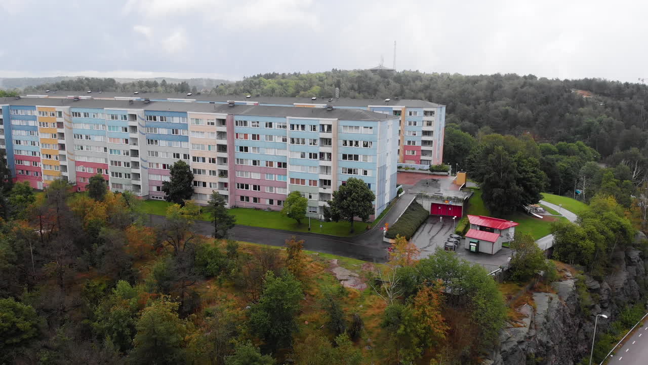 Aerial pan right shot capturing apartment blocks painted with pastel colors in Siriusgatan, Bergsjon, Gothenburg