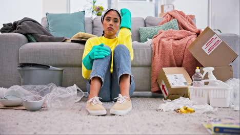 Cleaning,-frustrated-and-woman-in-living-room