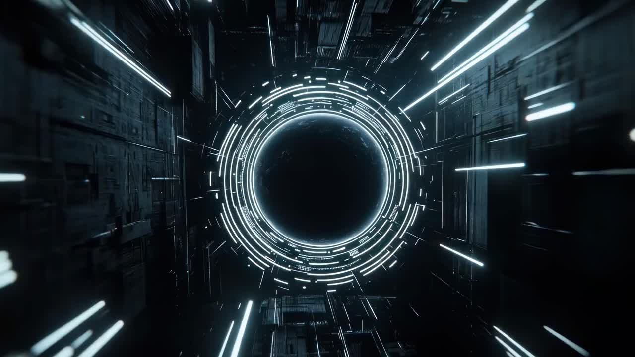 Futuristic tunnel with glowing lines, viewed from a central angle, creating a sense of motion