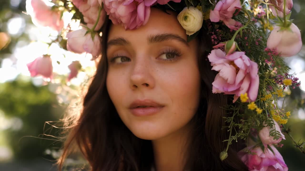 Video ravvicinato di una donna con una corona di fiori, ripresa a livello degli occhi in una luce soffusa e naturale