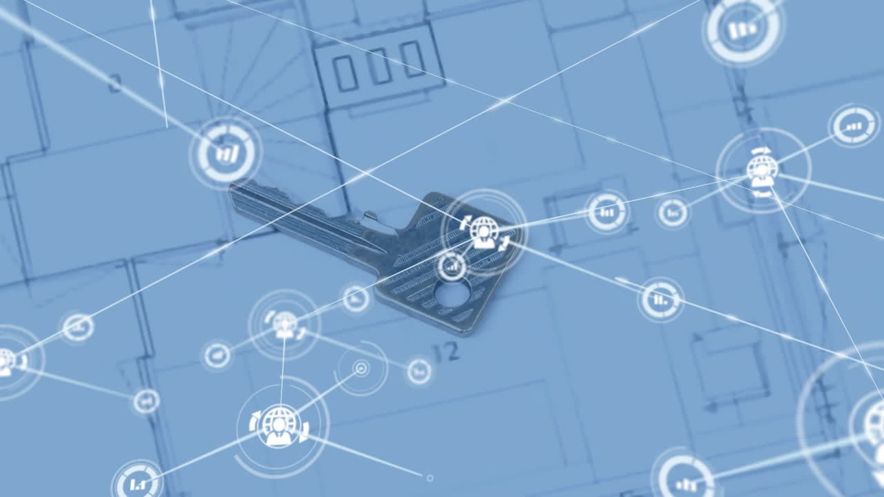 Key and network of connections animation over architectural blueprint