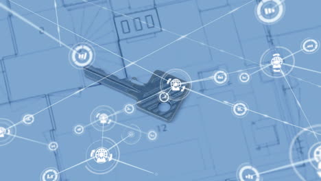key and network of connections animation over architectural blueprint