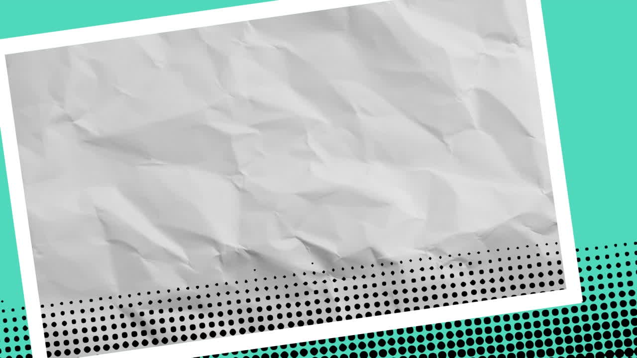 Animation of scrunched white paper texture moving in frame on blue background with black spots