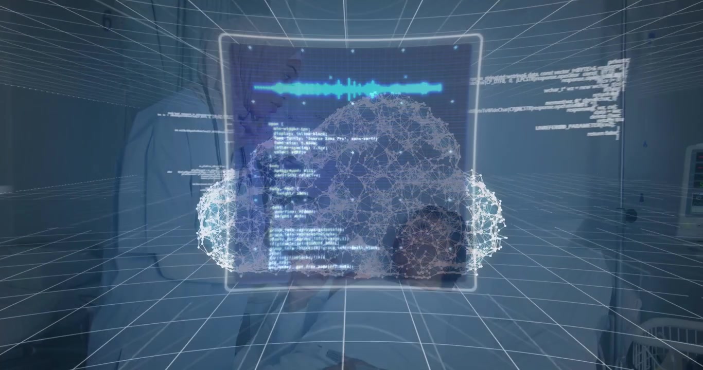 Doctor Caring for Patient in Hospital with Digital Cloud Data Overlay
