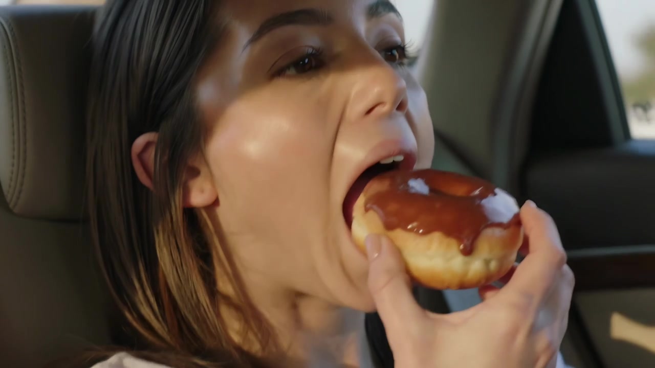 Holding glazed donut and bringing it toward mouth, adult woman in car preparing to take bite
