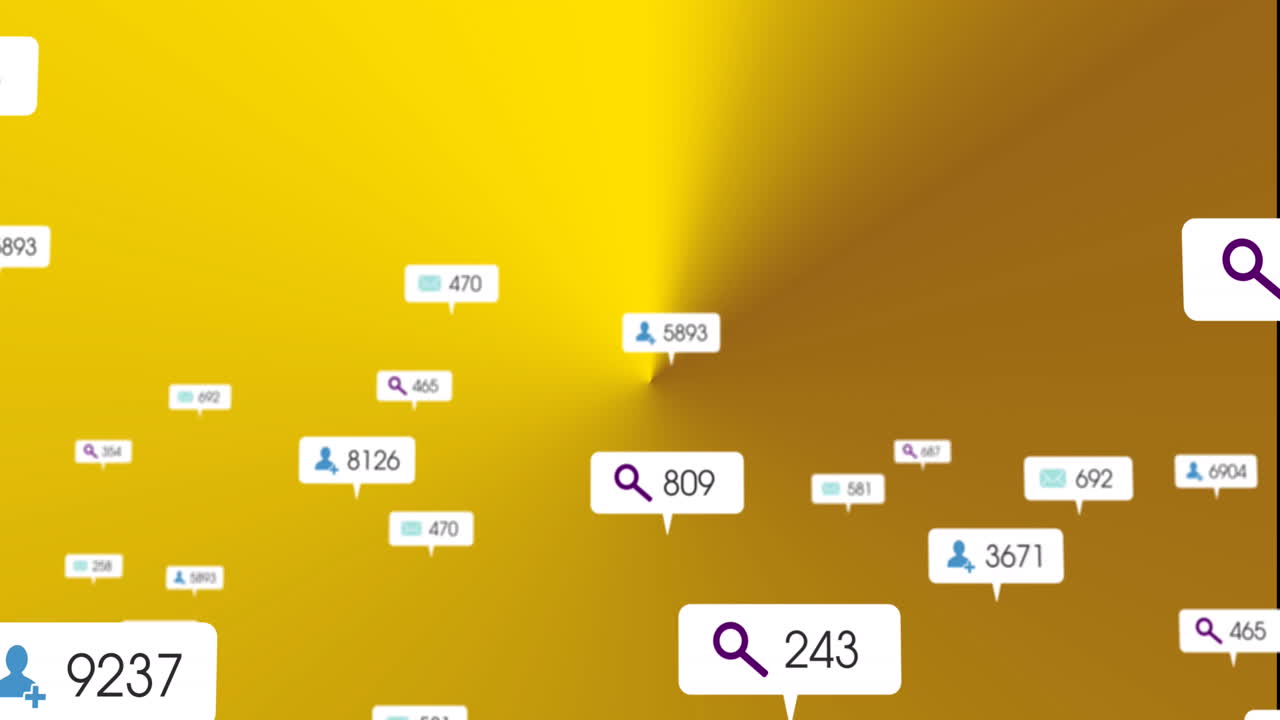 Animation of icons and changing numbers in message boxes against yellow background