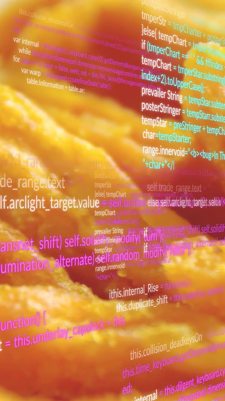 Vertikal video: Kamera trækker sig tilbage og afslører gyldne flager, mens kodekolonner glider opad for tech.