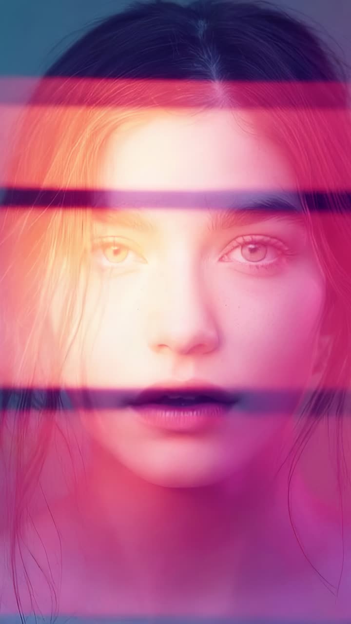 Vertical video: Appearing neon light bar scanning female model's face in studio, for visual effect